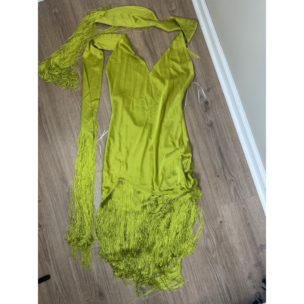 Show Me Your Mumu Chartreuse Green Satin Fringe Maxi Dress Scarf XS - Picture 6 of 6
